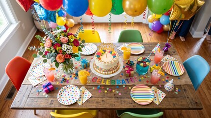 Fototapeta premium Colorful birthday party table setup with cake, balloons, and decorations for celebration
