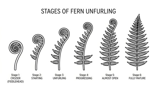 Illustration of the six stages of fern frond unfurling process.