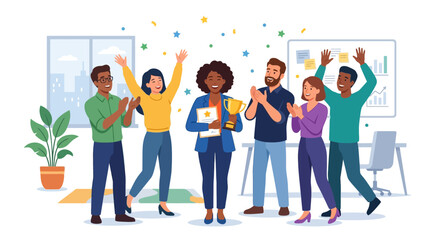 Fototapeta premium Diverse Team Celebrating Success with Trophy and Confetti in Modern Office