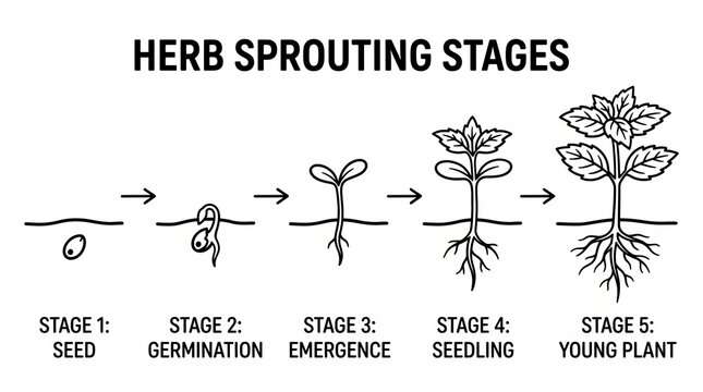 Diagram of herb sprouting stages from seed to young plant.
