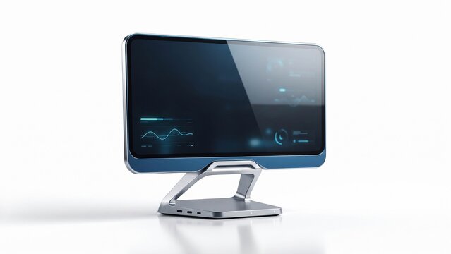3D render of futuristic desktop computer monitor display with UI interface graphics isolated on white background product mockup