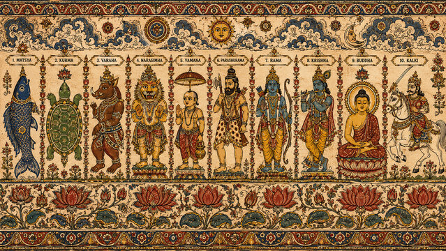 Kalamkari Dashavatara panel with ten Vishnu avatars Matsya Kurma Varaha Narasimha Vamana Parashurama Rama Krishna Buddha Kalki in natural dye on cream parchment