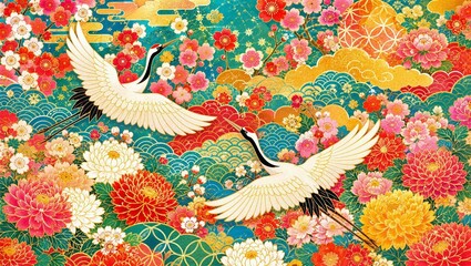 Two Cranes in Turquoise and Red, Vivid Japanese Pattern AI Illustration