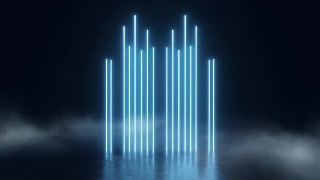 Vertical beams of glowing blue holographic light rising through dark mist, futuristic technology and data background with copy space, extremely slow pull back