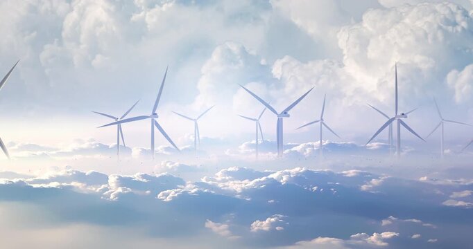 Sustainable green technology wind farm spinning high above the clouds. Sustainable clean energy related 3d animation.