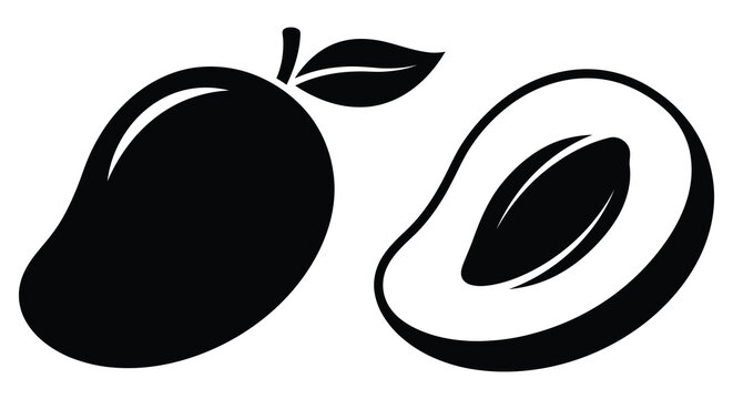 Black vector illustrations depict whole and sliced mangoes with leaves and pit