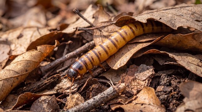 Zophobas morio Superworm Larva Crawling Through Dry Leaves