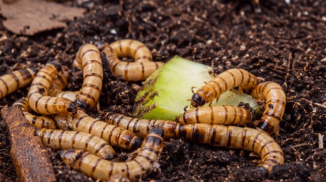 Zophobas morio Superworm Larvae Feeding on Cucumber