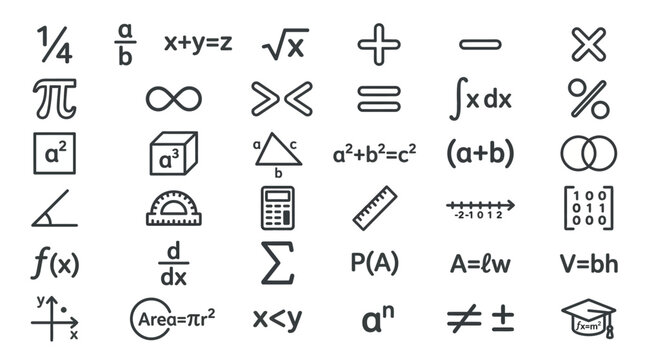 Mathematical Symbols and Formulas Icons: Education, Science, Abstract Art