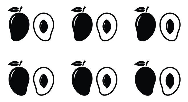 Black vector illustrations depict whole and sliced mangoes with leaves and pit