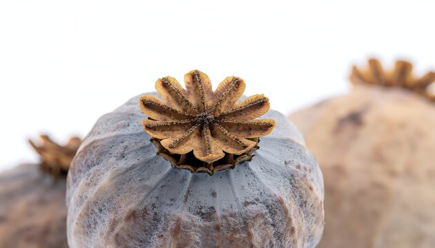 Close-up of dried opium poppy seed pods with star-shaped crowns