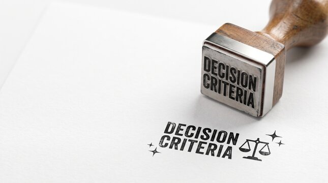 Decision criteria rubber stamp on white paper, wooden handle stamper with ink text, business evaluation and selection process concept