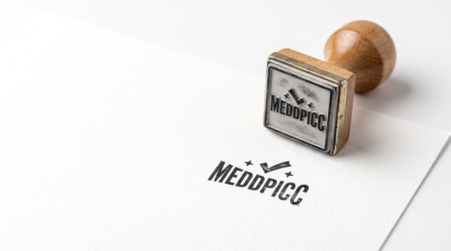 MEDDPICC sales methodology rubber stamp on white paper, professional wooden stamper with black ink logo, corporate sales qualification tool