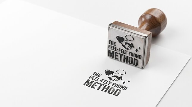 Feel-Felt-Found Method rubber stamp on white paper, psychological sales technique concept, business communication tool