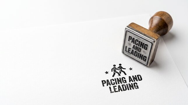 Pacing and Leading business stamp on white paper, wooden rubber stamp with leadership text, professional coaching and influence concept