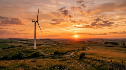 Obraz premium Wind Turbine at Sunset, Rural Landscape, Renewable Energy