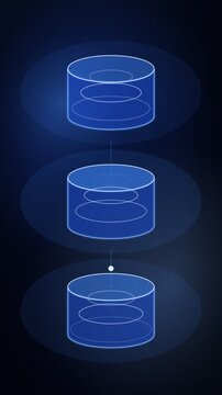 Database cylinders pulsing with queries, blue tech vertical 9:16 seamless loop HD motion background