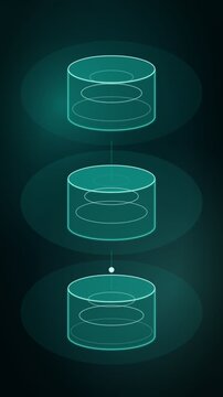 Database cylinders pulsing with queries, teal tech vertical 9:16 seamless loop HD motion background