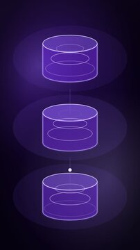 Database cylinders pulsing with queries, violet tech vertical 9:16 seamless loop HD motion background