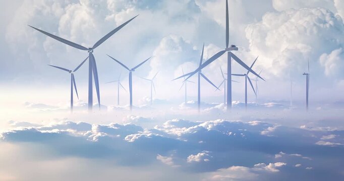 Wind turbines producing renewable energy above thick white clouds in sky. Sustainable clean energy related 3d animation.