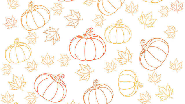 Minimalist pumpkin and maple leaf line art pattern, orange autumn harvest background, fall season aesthetic wallpaper