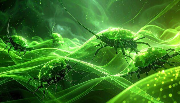 Microscopic Green Beetles Swarming in Bioluminescent Organic Environment.