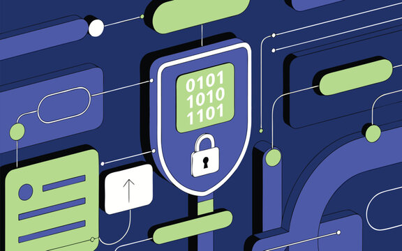 Isometric cybersecurity and data protection concept with digital security elements.
