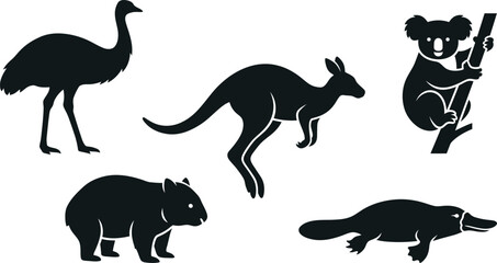 Fototapeta premium Set of silhouettes of australian animals including kangaroo koala emu wombat and platypus