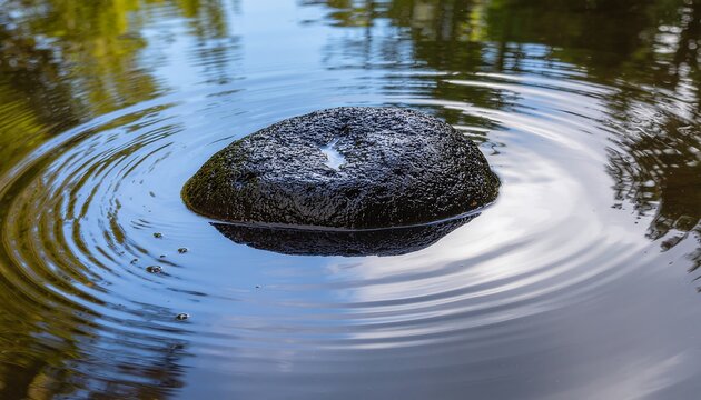 Rock creating ripples in calm water with reflections
