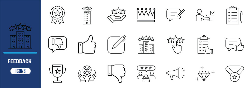 Customer feedback rating review icons. star icon set, thumbsup icon set, clipboard icon set
