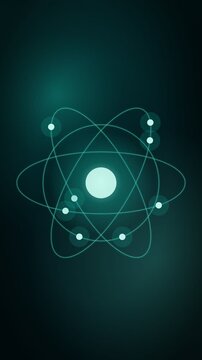 Electron orbits around a glowing nucleus, teal tech vertical 9:16 seamless loop HD motion background