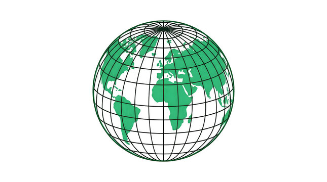 Green wireframe globe showing world map continents on a white background with earth globe planet earth grid globe geography global map cartography