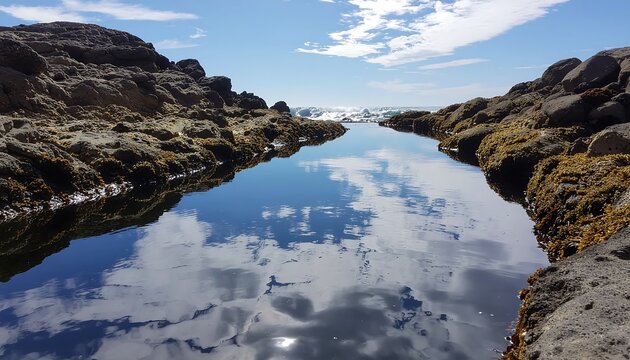 Serene tidal pool reflecting blue sky and clouds on rocky coastline