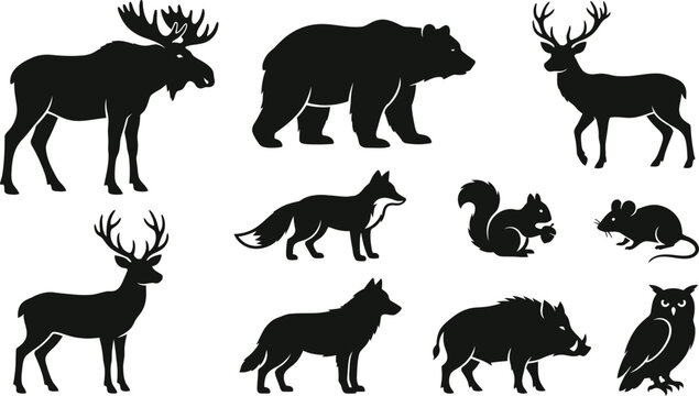 Set of wild forest animal silhouettes including moose bear deer fox squirrel mouse wolf boar and owl icons