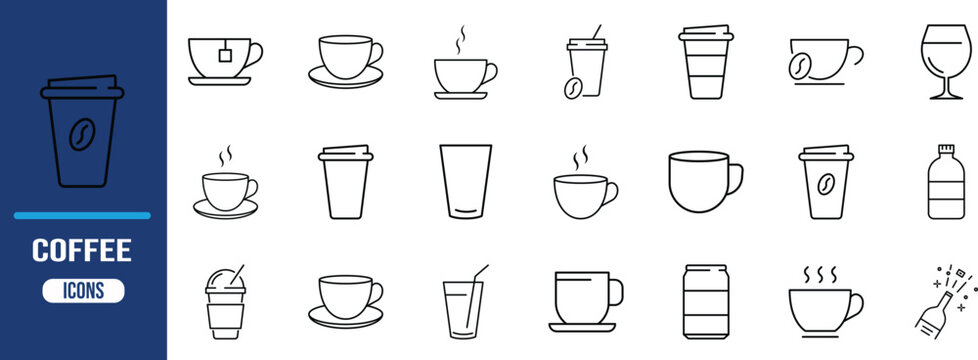 Coffee drink beverage vector icons. coffee cup icon set, takeaway cup icon set, wine glass icon set