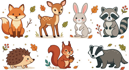 Obraz premium Cute cartoon forest animals collection with fox deer rabbit raccoon hedgehog squirrel and badger for children design