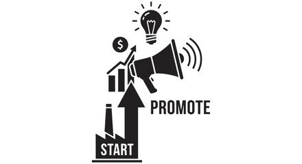 Fototapeta premium Business growth silhouette with megaphone lightbulb and financial chart on white background