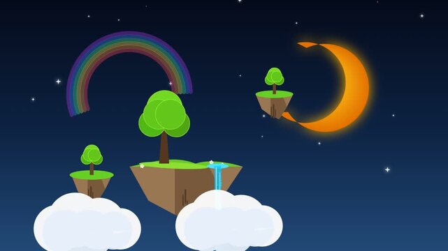 Floating fantasy islands with glowing moon and vibrant rainbow in starry sky loopable animation.