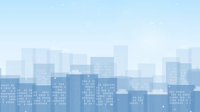 Minimalist digital city skyline background with modern blue architectural towers and glowing network lines.