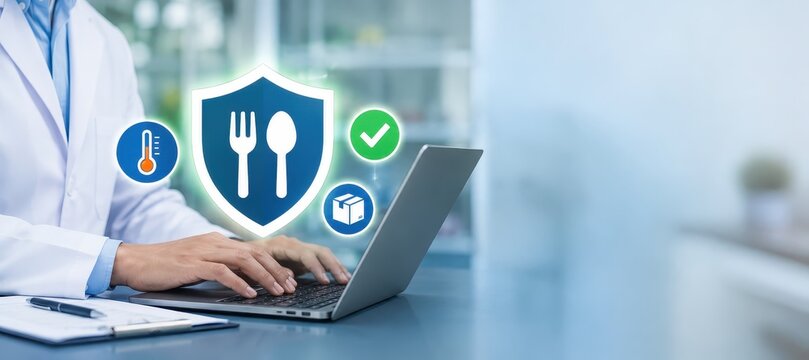 Food Safety Assurance: A medical professional wearing a lab coat reviews data on a laptop, symbolizing the importance of food safety, health, and hygiene with digital icons representing a thermometer.