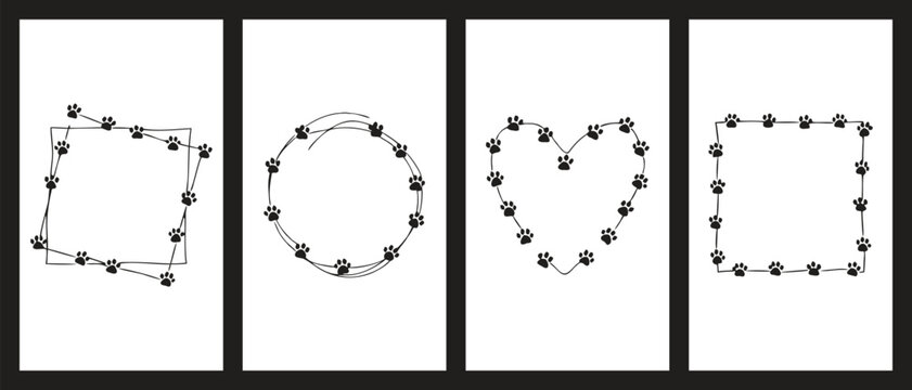 Minimalist Dog Paw Print Frame Set with Heart Circle Rhombus and Square Line Art Borders Vector.