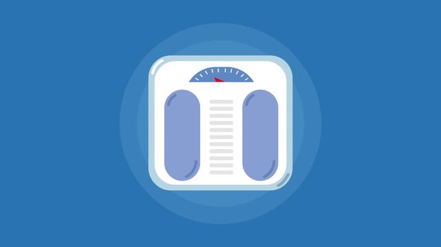 Weight scale cartoon icon with a spinning effect on blue background motion graphic.