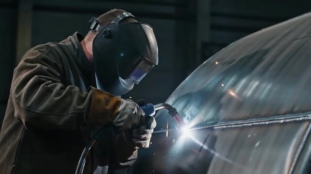 Professional male welder in protective mask and gloves welding industrial metal structure in factory workshop with bright glowing sparks and blue light.