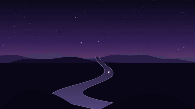 Minimalist vector animation of ball rolling down winding road under starry night sky.