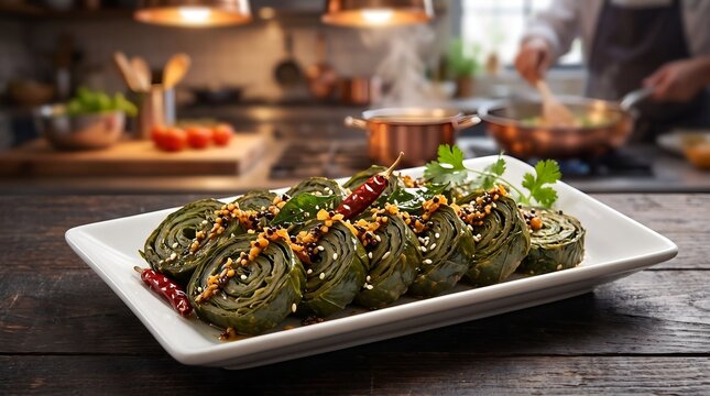Gujarati Patra Alu Vadi Indian Snack Served in White Plate, Patrode Food Photo Illustration
