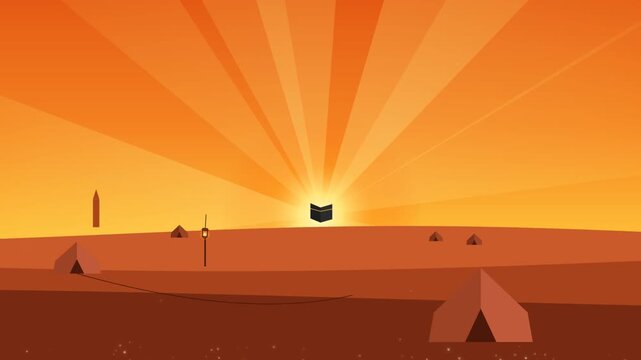 Stylized 2d animation of Kaaba in Mecca with tents and sun rays in orange desert landscape.