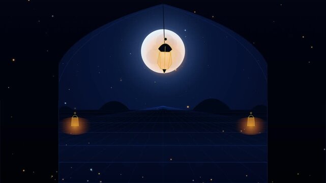 Islamic Ramadan lantern loop background with full moon in starry night sky and animated particles.