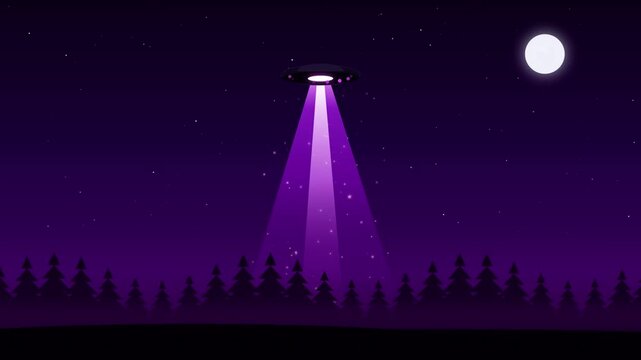 Ufo spaceship hovering over pine forest with bright light beam in night starry sky cartoon animation.