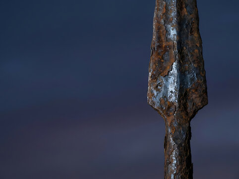 Close-up of an ancient rusted iron spearhead standing alone in a mysterious foggy atmosphere