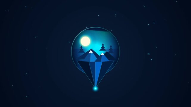 Minimalist mountain icon with full moon and pine trees in dark space background.